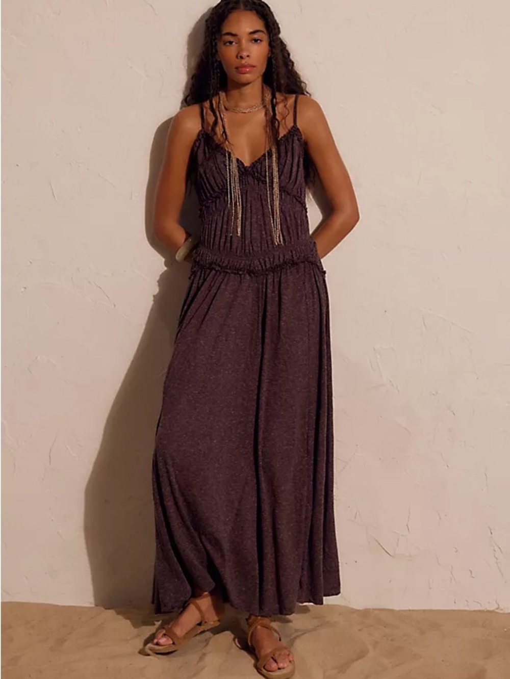 Free People Chocolate Brown Maxi Slip Dress with Smocked Waist